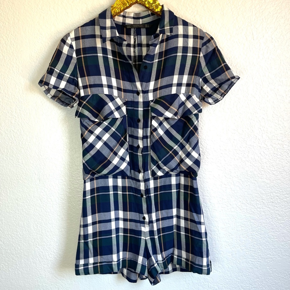Zara Trafaluc Plaid Button-Down Romper